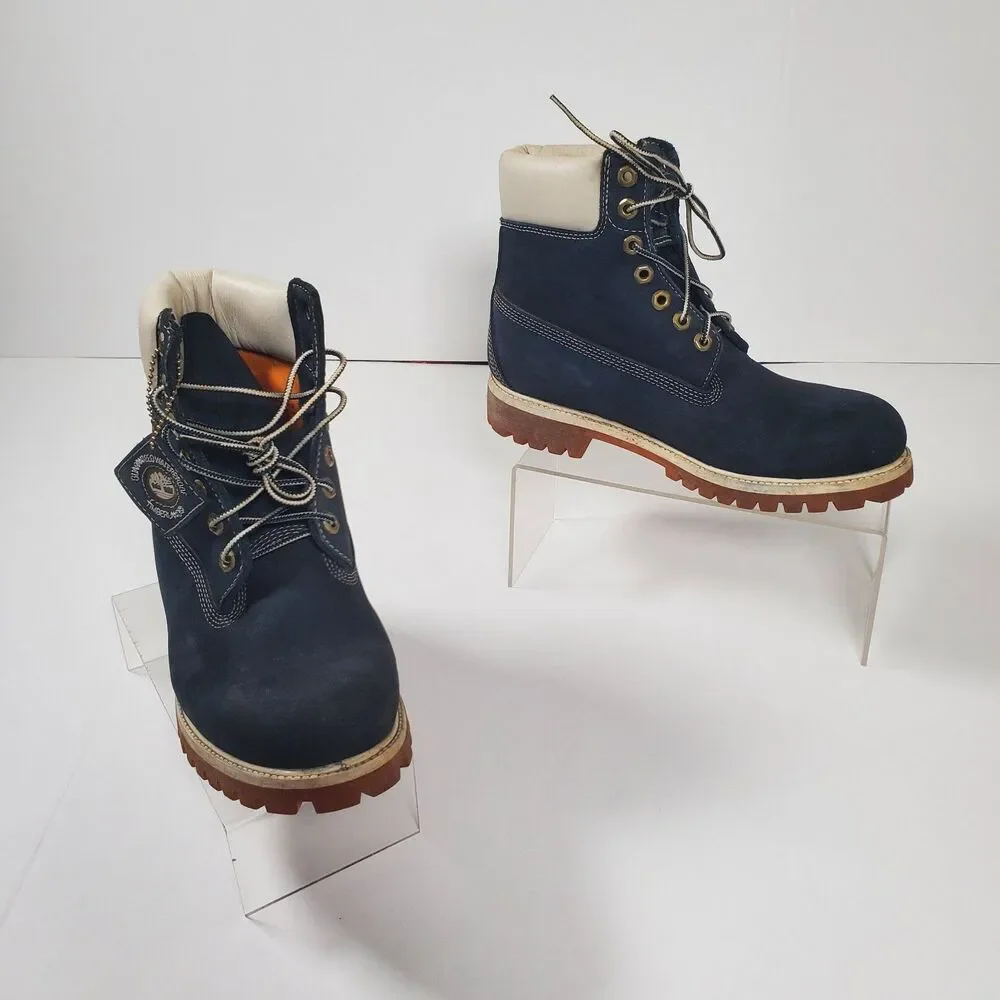 Timberland Men’s Premium 6-Inch Waterproof Boots 8.5M Navy Nubuck White Collar - Picture 2 of 16